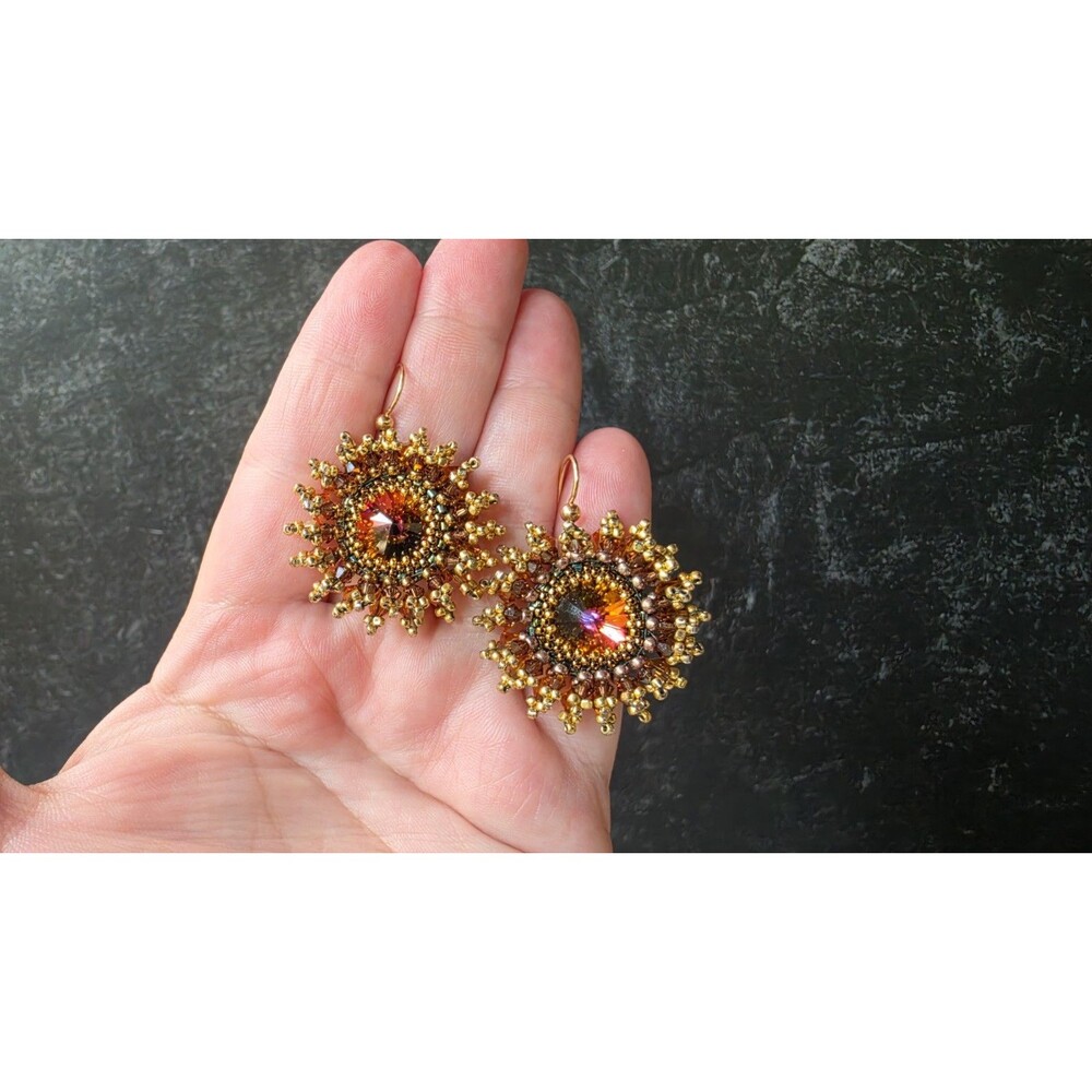 14K Gold Filled Beaded Crystal Dangling Pierced Floral Earrings Vintage